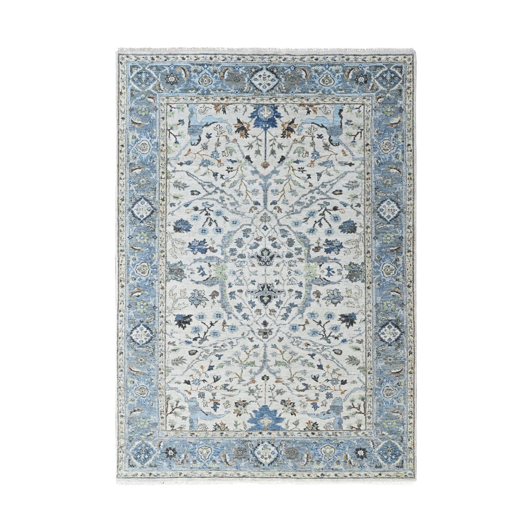 6'x9' Oyster Gray, Hand Knotted, Oushak with Floral Motifs, Pure Wool, Soft Pile, Denser Weave, Oriental Rug 